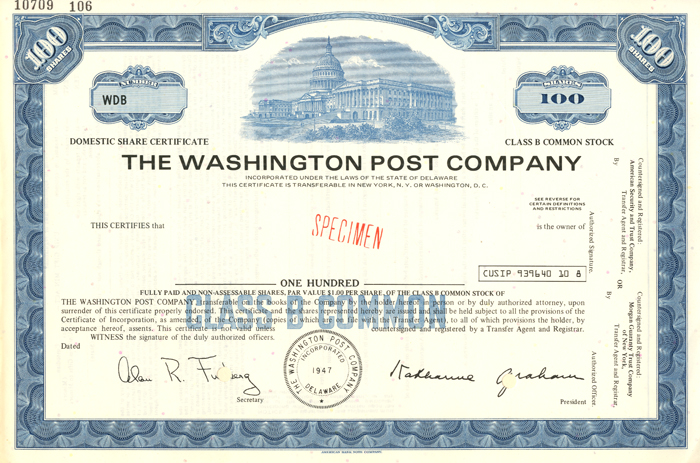 Washington Post Co. - Specimen Stock Certificate - Very Historic Co.